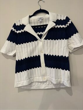 Reiss Navy & White Short-Sleeve Button-Front Knit Polo